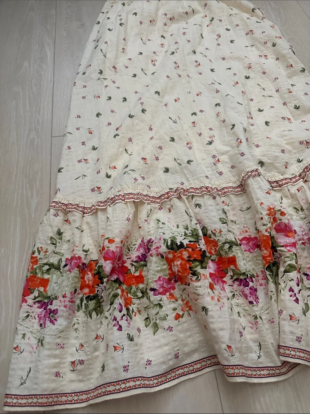 Max Studio Cream Maxi Skirt with Pink & Orange Floral Hem